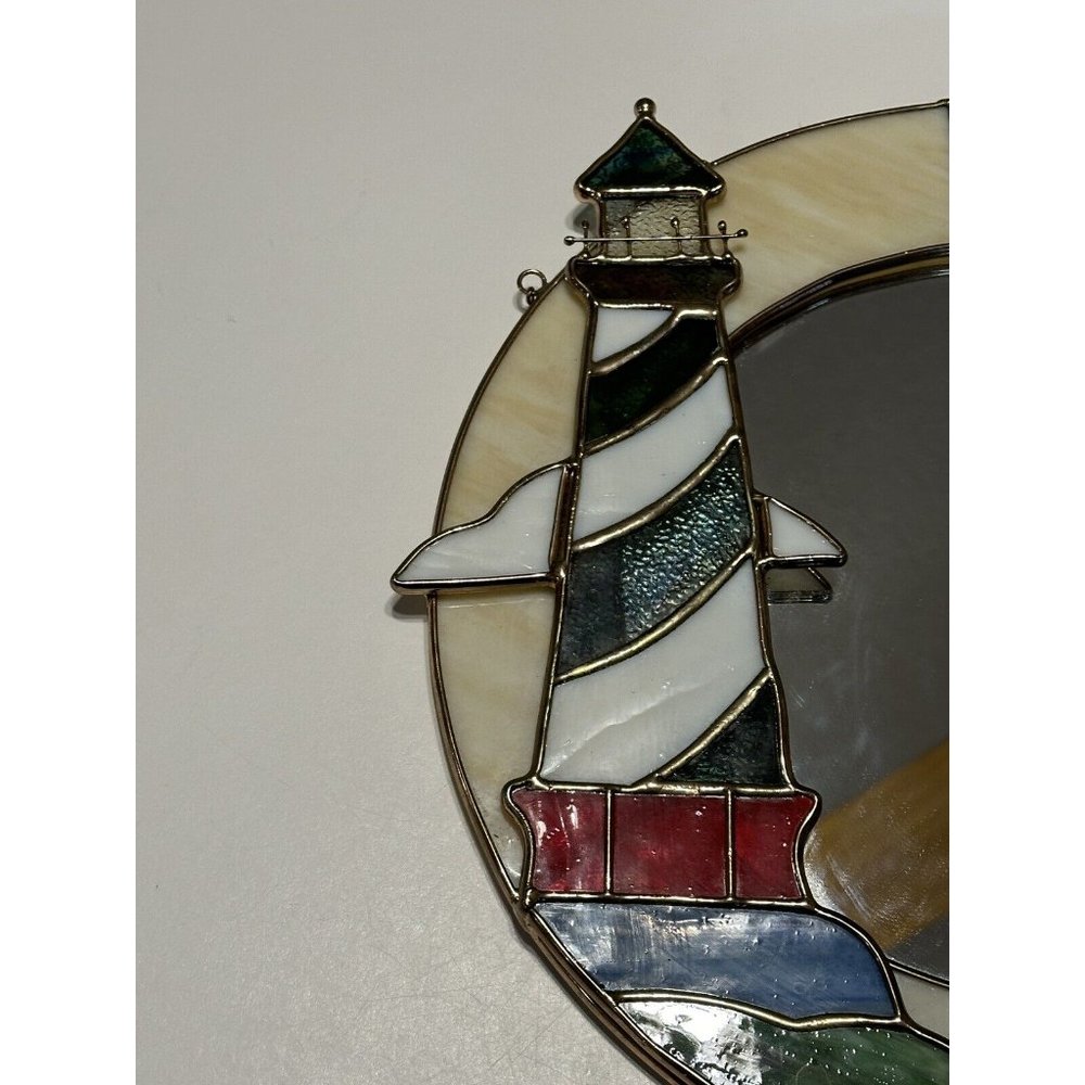 Vintage Stained Glass Lighthouse Boat Nautical Mirror Wall Hanging Beach Decor - Picture 2 of 8